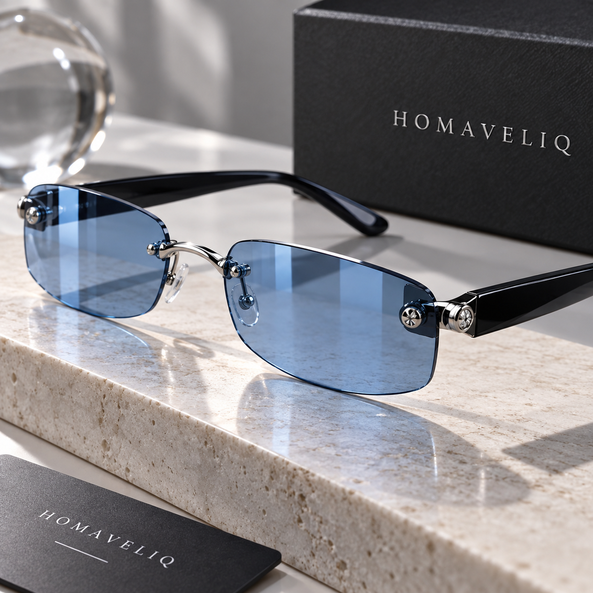 HOMAVELIQ® Blue Lens Rimless Sunglasses for Women – Y2K Slim Rectangle Metal Frame Fashion Shades