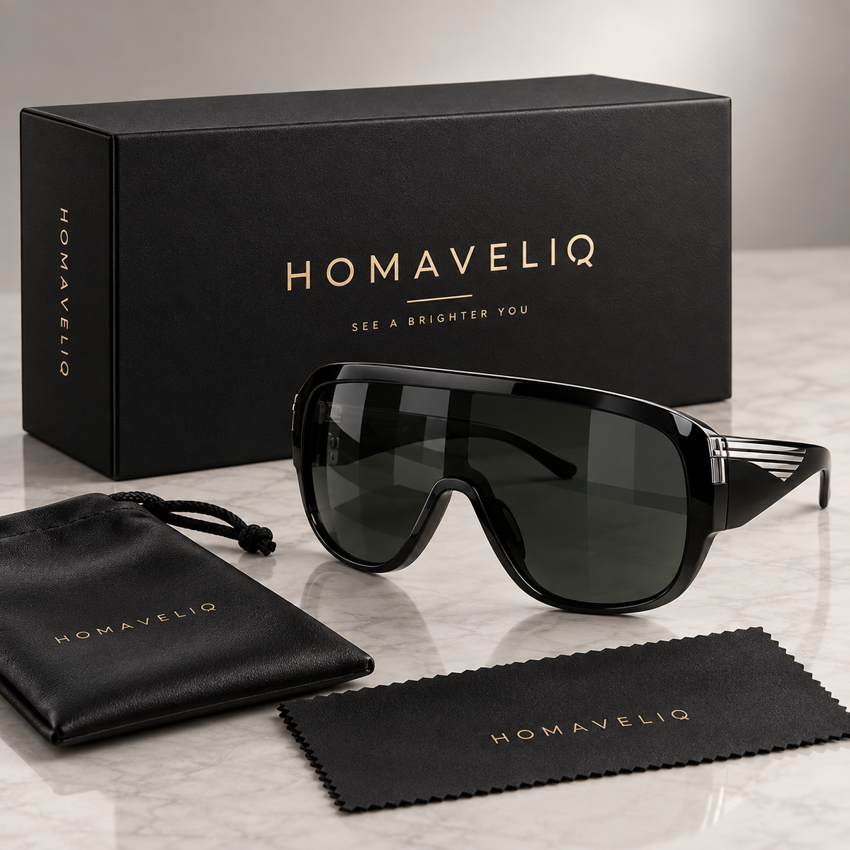 HOMAVELIQ® Oversized Shield Sunglasses for Women – Bold Black Fashion Wraparound Shades