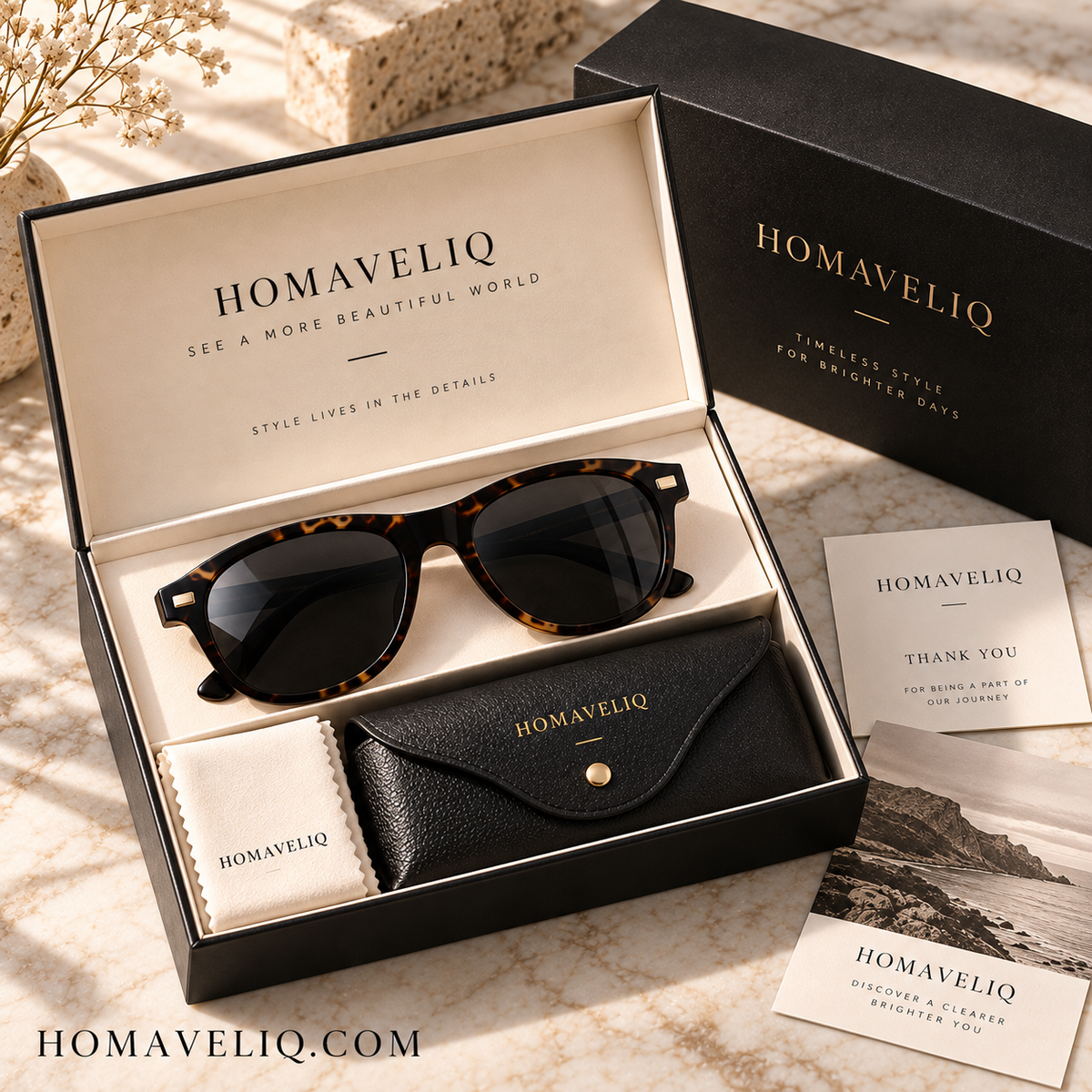 HOMAVELIQ® Classic Square Sunglasses for Women – Black Frame Tortoiseshell Temple Fashion Shades