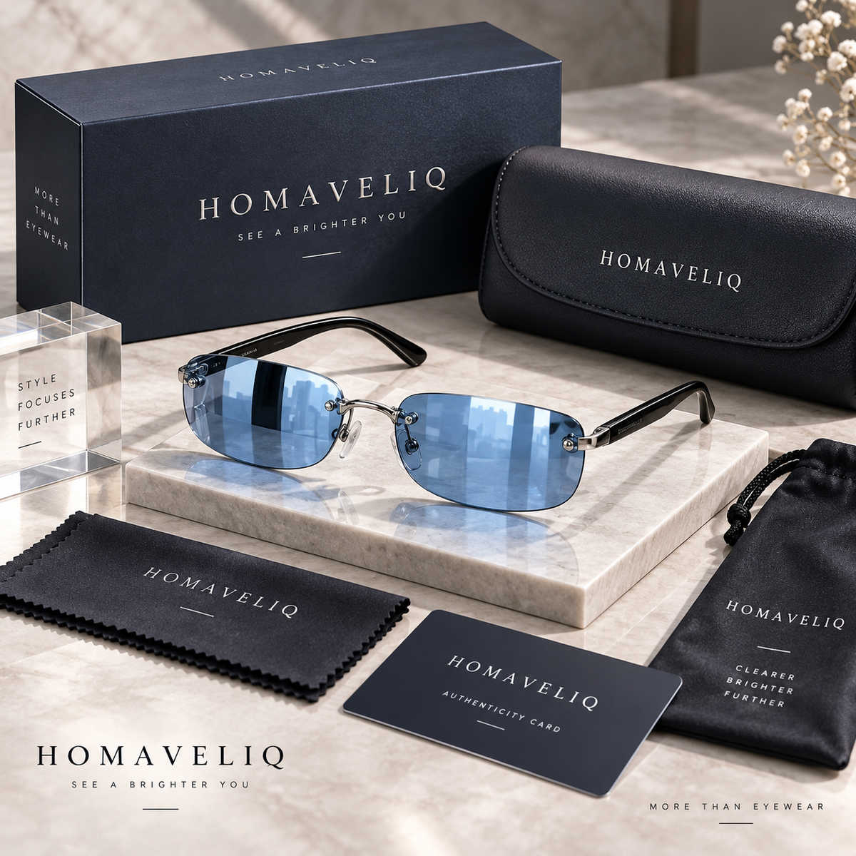 HOMAVELIQ® Blue Lens Rimless Sunglasses for Women – Y2K Slim Rectangle Metal Frame Fashion Shades