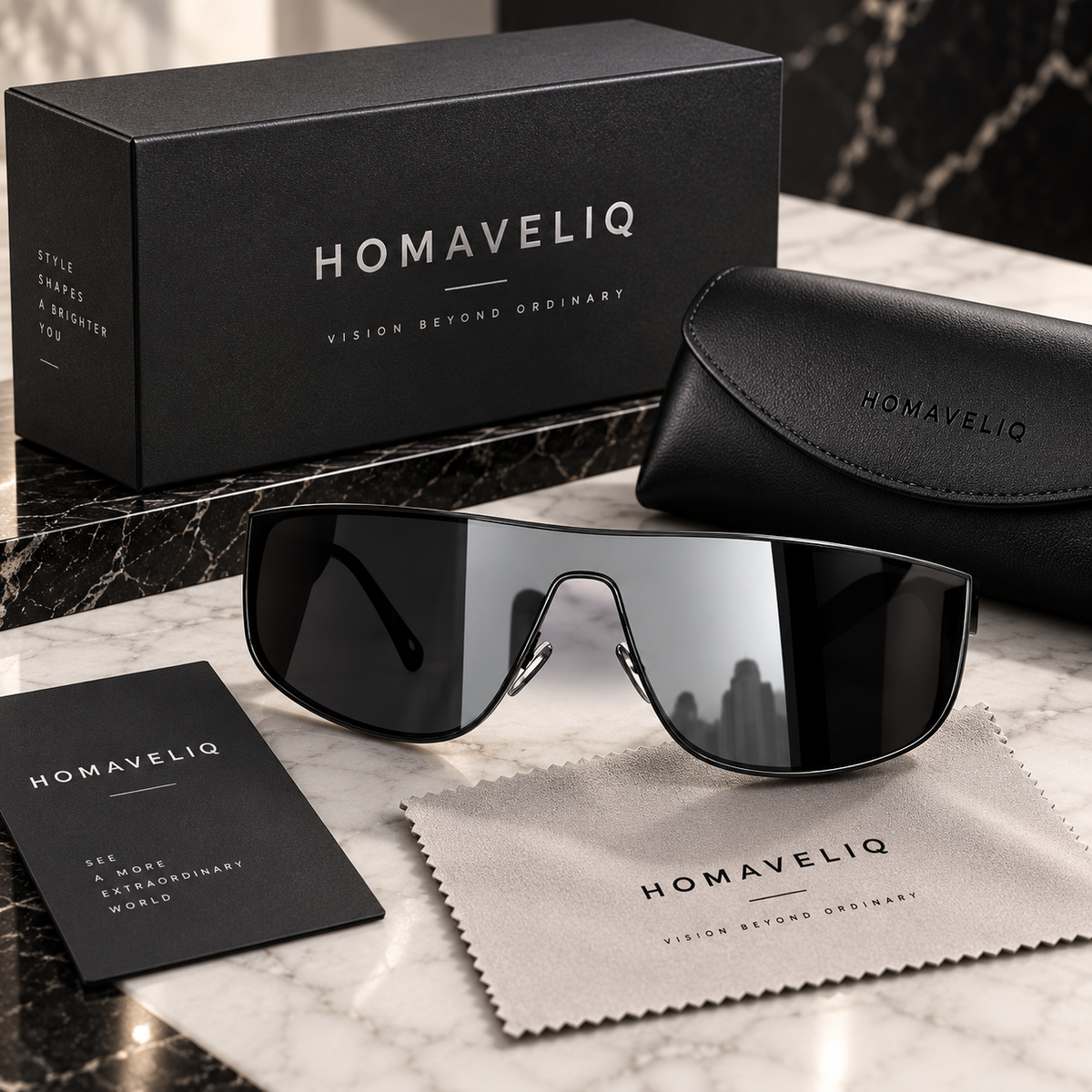 HOMAVELIQ® Futuristic Shield Sunglasses for Women – Oversized Black Mirror Lens Wraparound Fashion Shades
