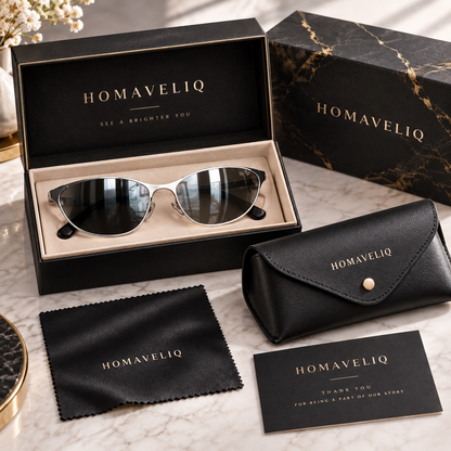 HOMAVELIQ® Sleek Oval Sunglasses for Women – Black Silver Retro Metal Detail Fashion Shades
