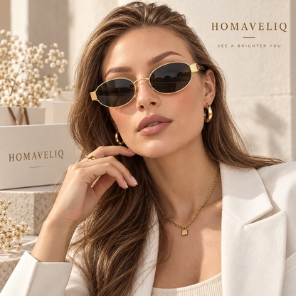 HOMAVELIQ® Chic Oval Sunglasses for Women – Vintage Metal Frame Designer Style Shades