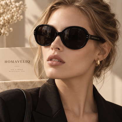 HOMAVELIQ® Retro Oval Sunglasses for Women – Black Vintage Frame Fashion Shades