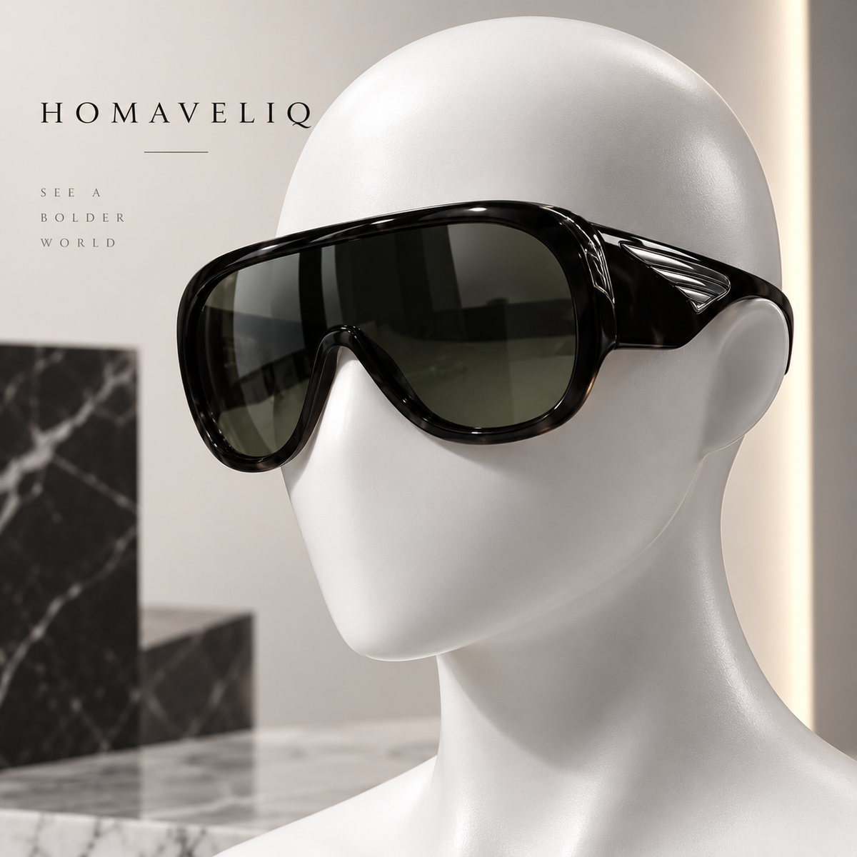 HOMAVELIQ® Oversized Shield Sunglasses for Women – Bold Black Fashion Wraparound Shades