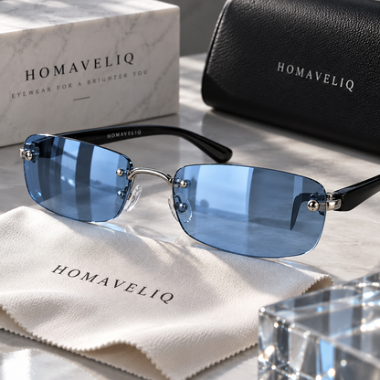 HOMAVELIQ® Blue Lens Rimless Sunglasses for Women – Y2K Slim Rectangle Metal Frame Fashion Shades