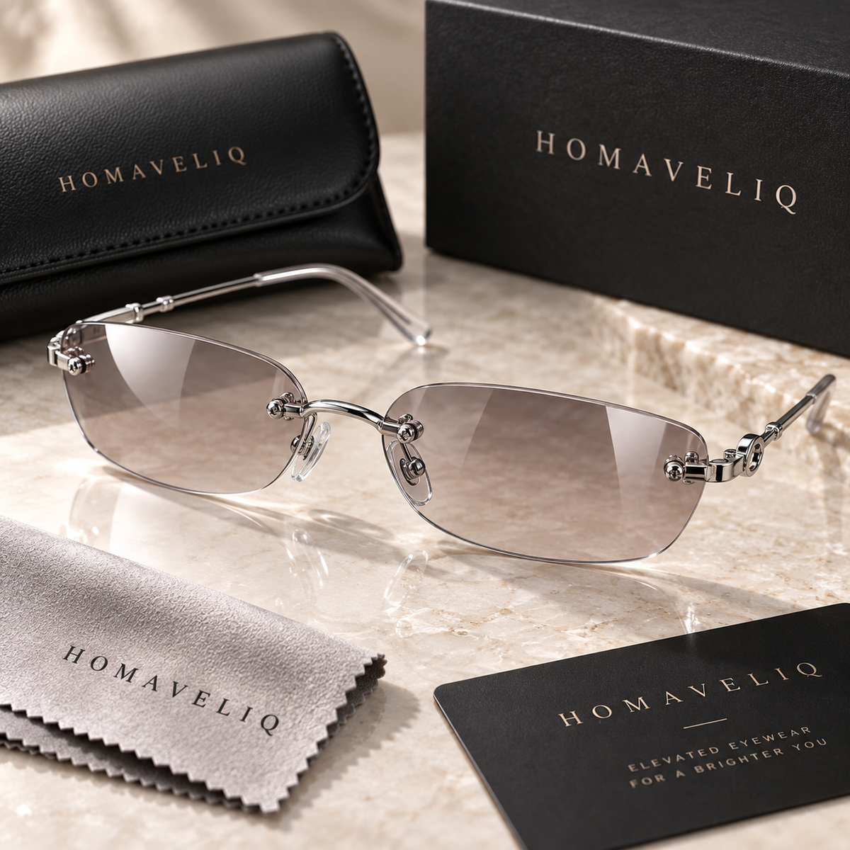 HOMAVELIQ® Rimless Oval Sunglasses for Women – Silver Metal Frame Light Tinted Y2K Fashion Shades