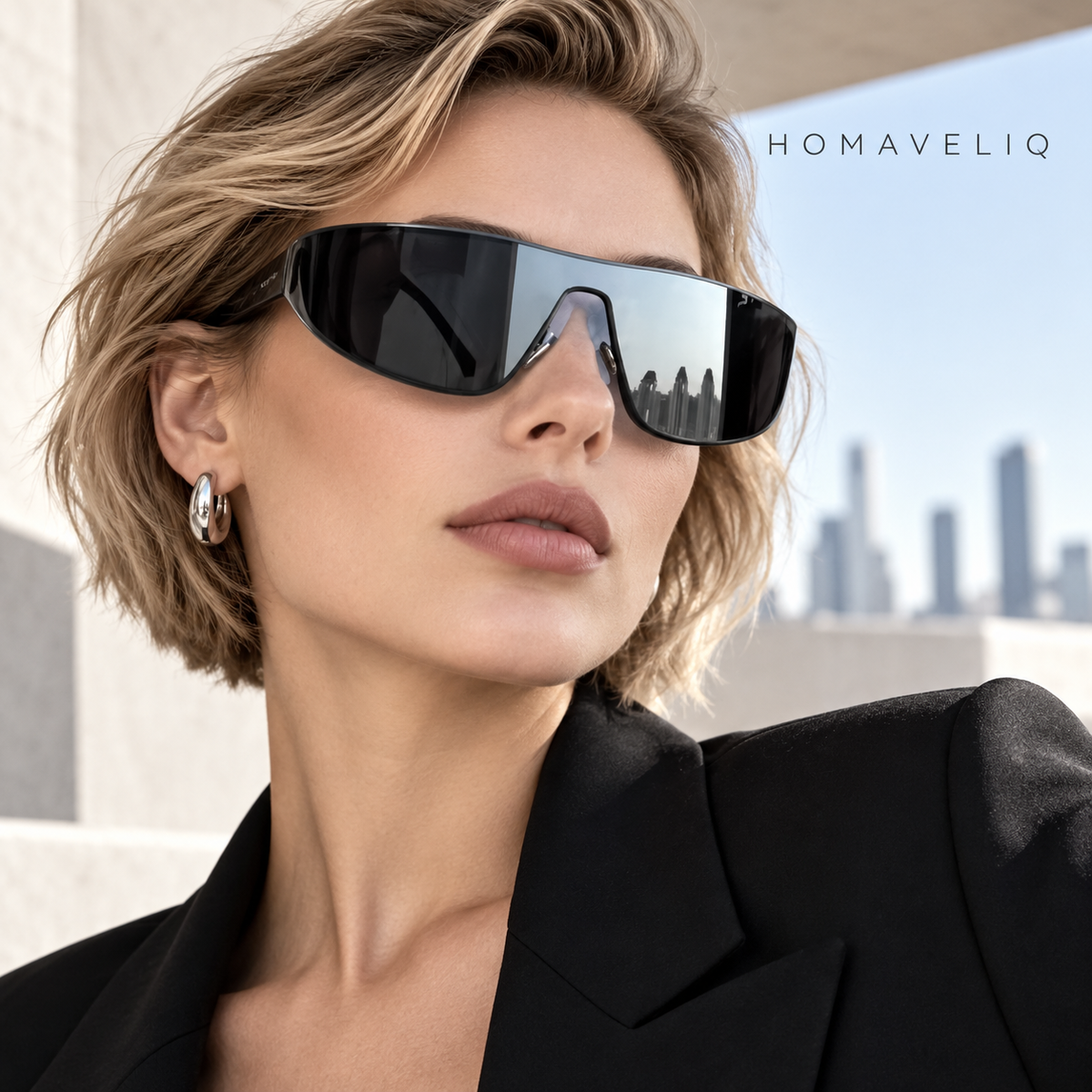HOMAVELIQ® Futuristic Shield Sunglasses for Women – Oversized Black Mirror Lens Wraparound Fashion Shades