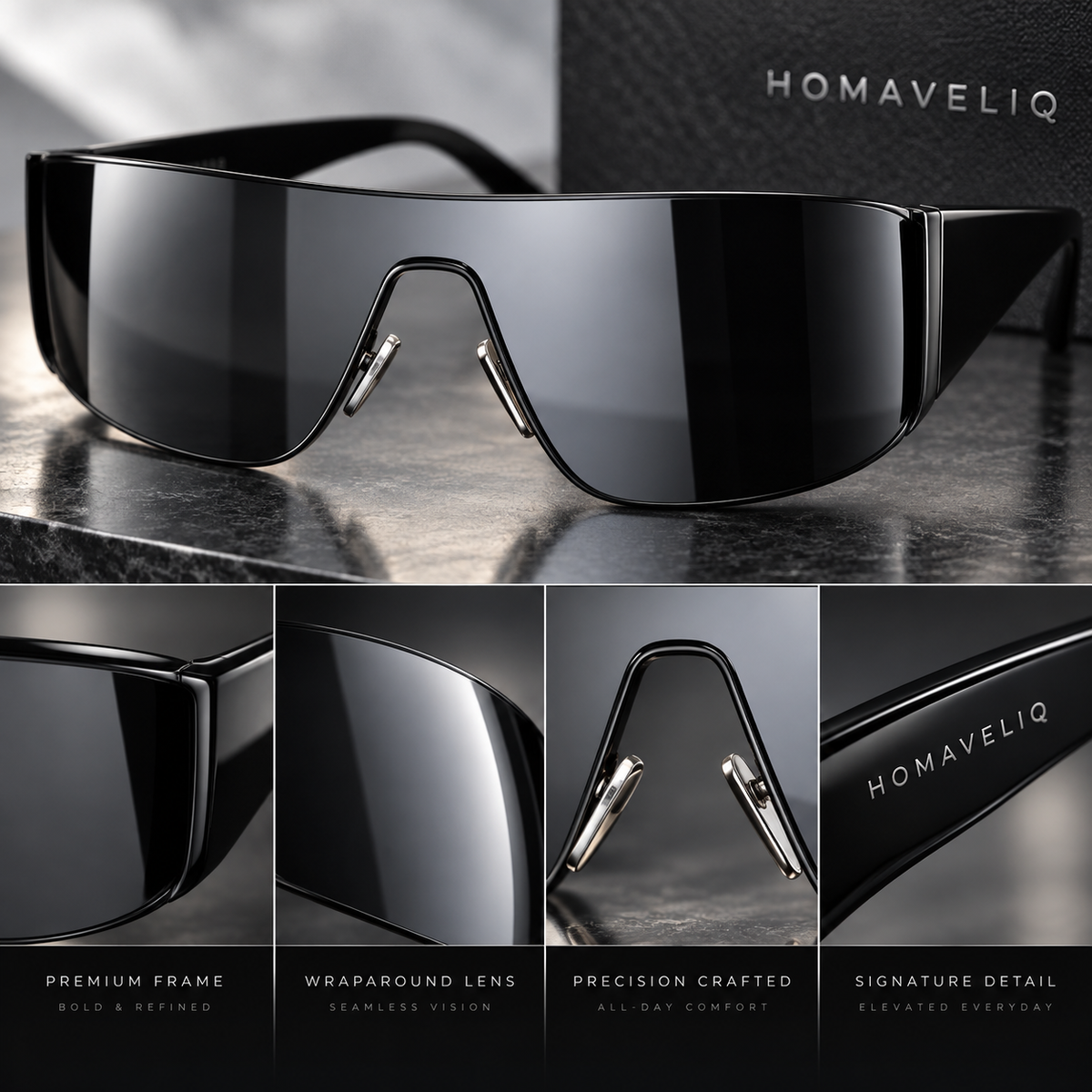 HOMAVELIQ® Futuristic Shield Sunglasses for Women – Oversized Black Mirror Lens Wraparound Fashion Shades