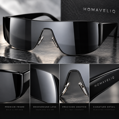 HOMAVELIQ® Futuristic Shield Sunglasses for Women – Oversized Black Mirror Lens Wraparound Fashion Shades