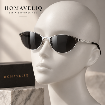 HOMAVELIQ® Sleek Oval Sunglasses for Women – Black Silver Retro Metal Detail Fashion Shades