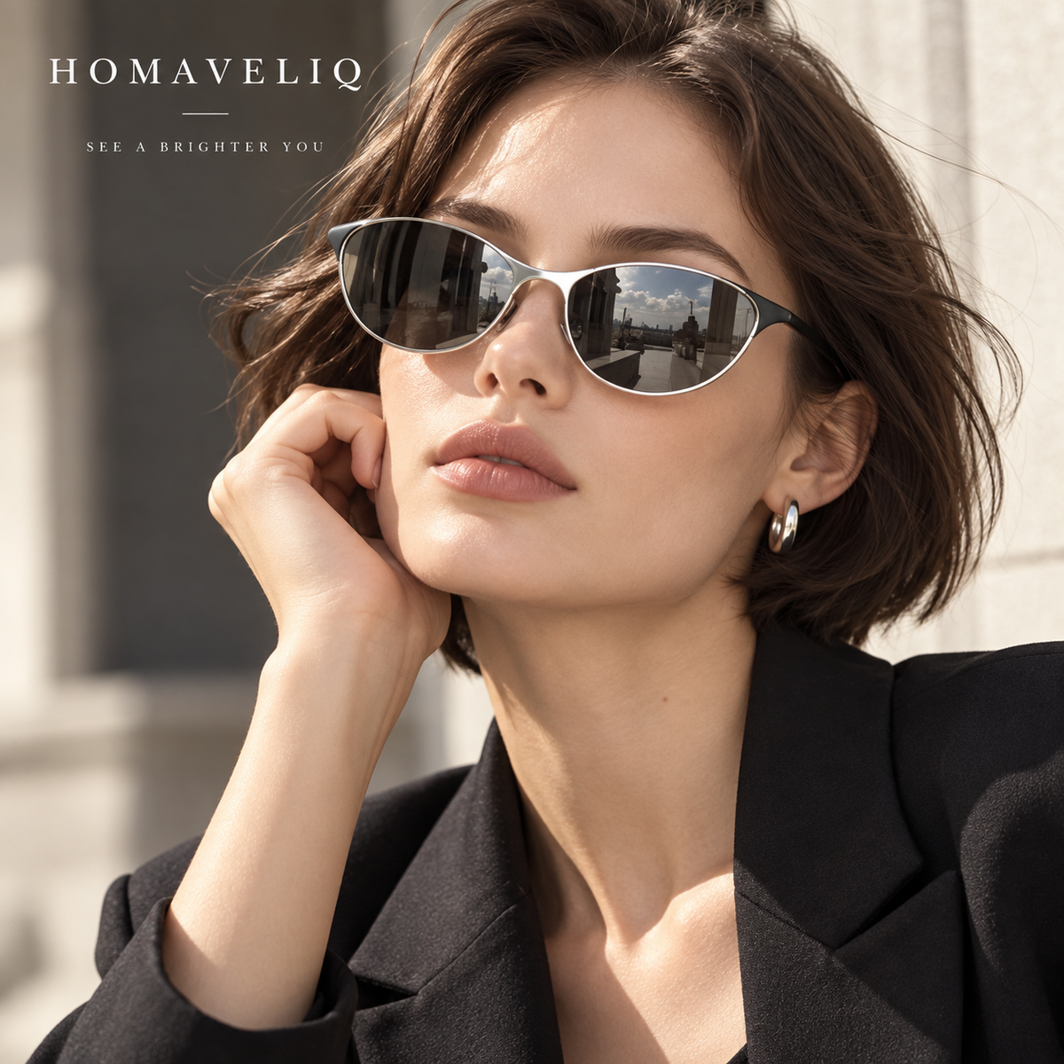 HOMAVELIQ® Sleek Oval Sunglasses for Women – Black Silver Retro Metal Detail Fashion Shades