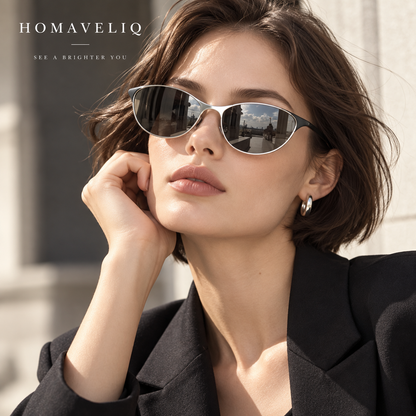 HOMAVELIQ® Sleek Oval Sunglasses for Women – Black Silver Retro Metal Detail Fashion Shades