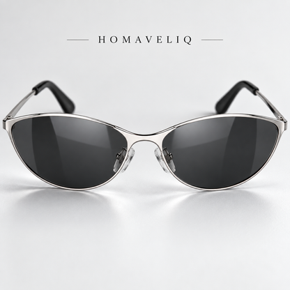 HOMAVELIQ® Sleek Oval Sunglasses for Women – Black Silver Retro Metal Detail Fashion Shades